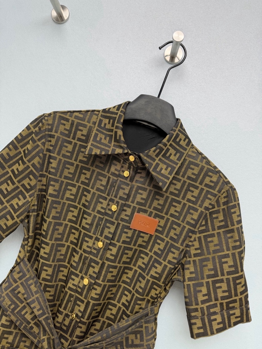Fendi Brown FF Logo Short-Sleeve Shirt Dress with Belt - Picture 5 of 8